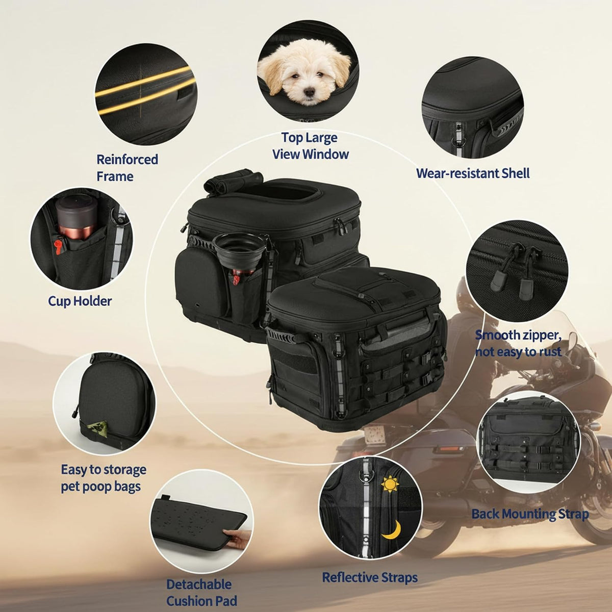 Motorcycle Dog Carrier, Foldable Cat Pet Crate Motorcycle Riding Travel Luggage Bag for Road King Street Glide Passenger Seat Sissy Bar Luggage Rack Touring Trike 20lb Pet
