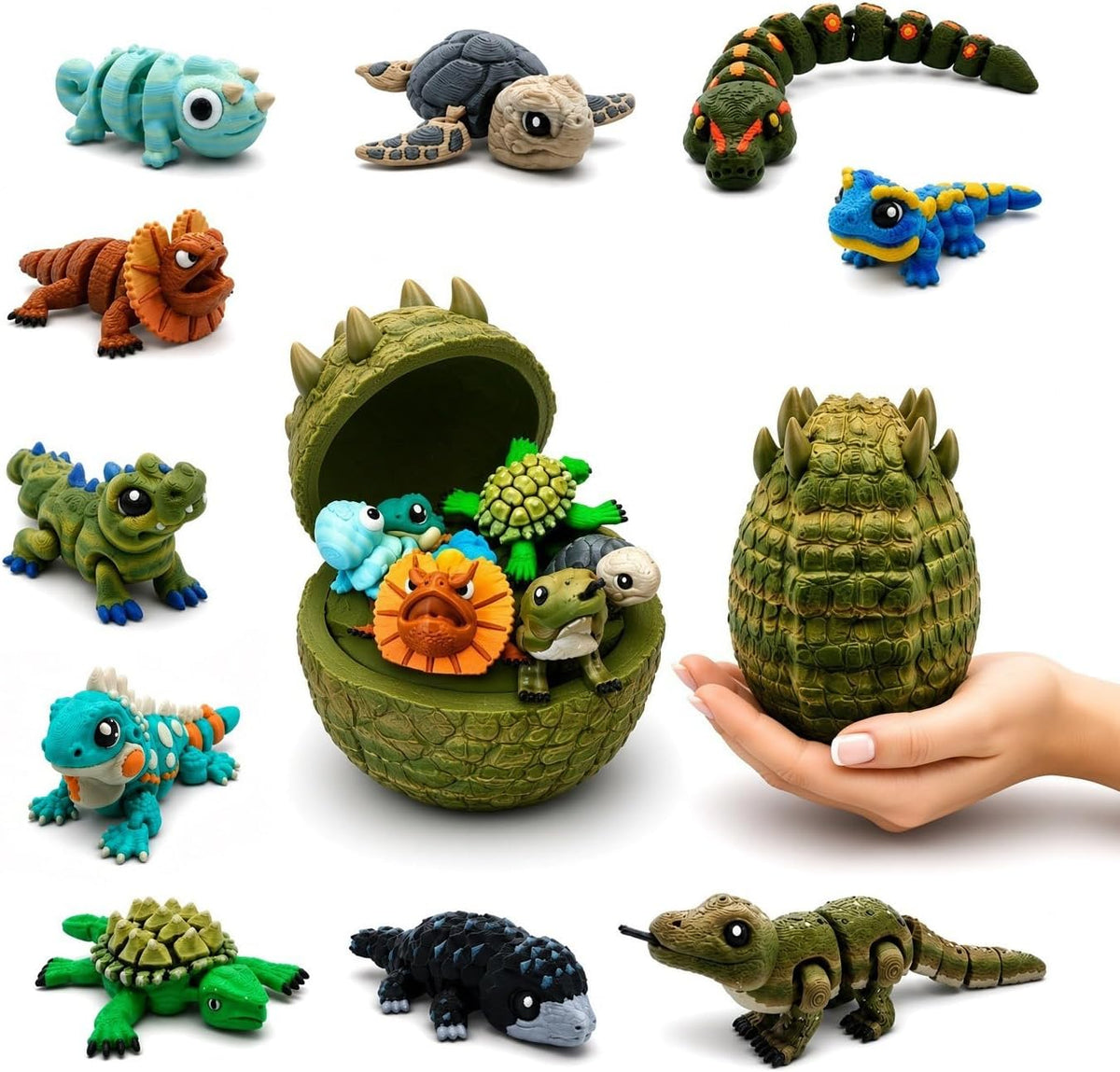 Reptile Collection Series 2 with Crocodile Egg Hatchery - 10 Articulated 3D Printed Mini Lizards, Snake & Turtles, Miniature Shelf Display for Reptile Enthusiasts, 3D Printed Lizard and Snake Set