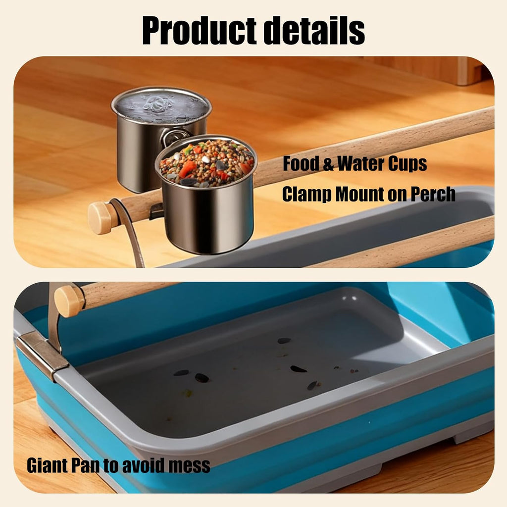 Bird Desktop Training Perch Stand with Washable Plastic Tray, Large Size for Parakeet, Budgie, Cockatiel, Conure, Long Tail Parrot, Collapsible Design (Blue, Large)