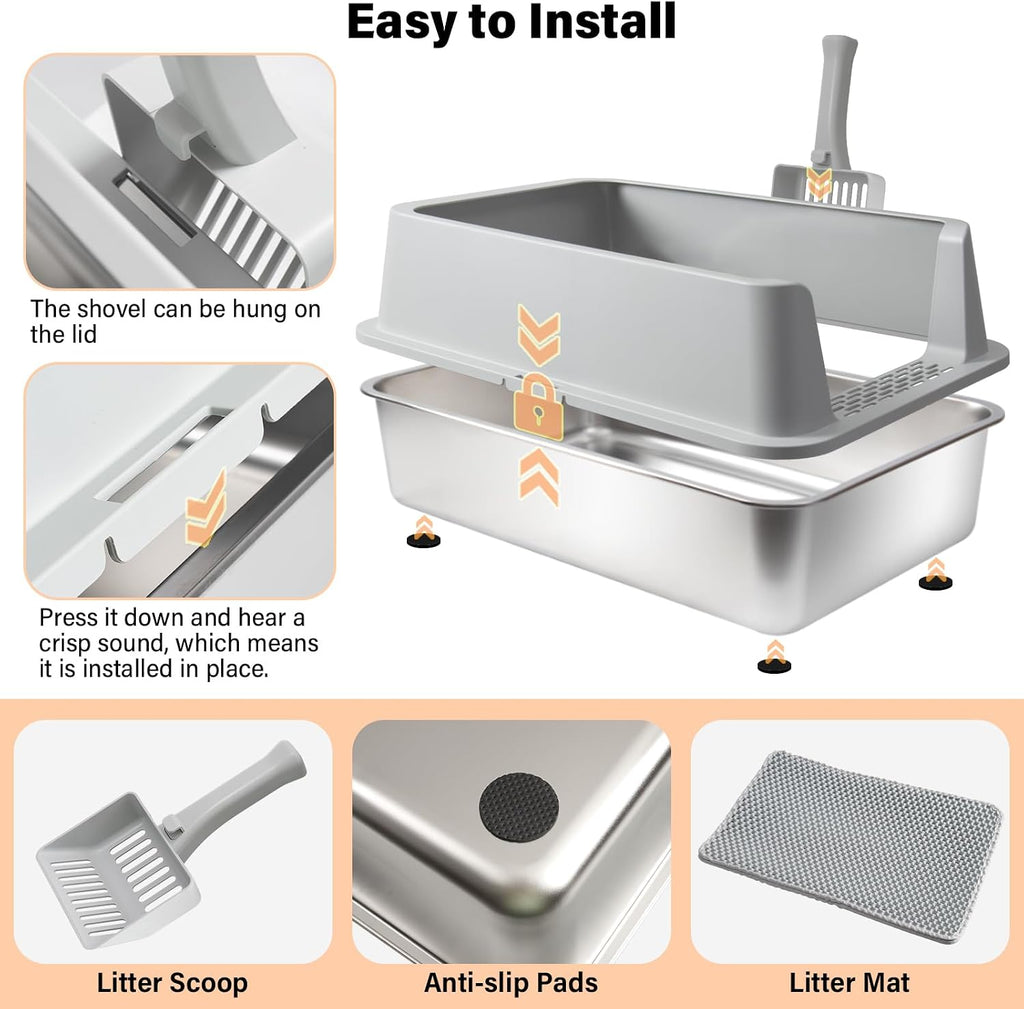 Stainless Steel Cat Litter Box with Lid, 2 Pack XL Metal Litter Box
