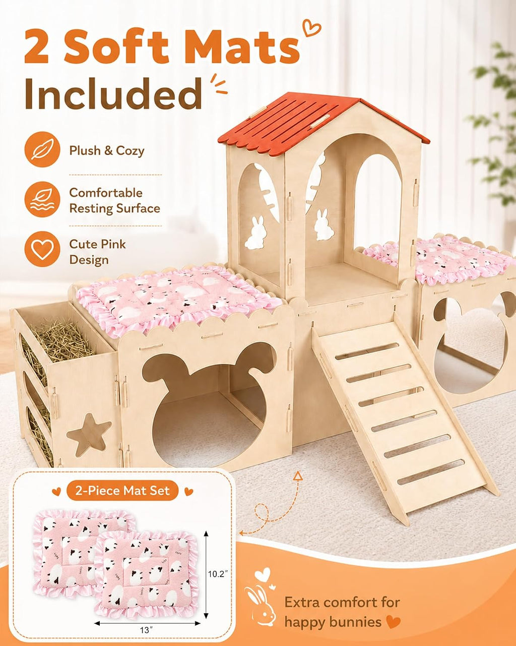 Extra Large Rabbit Castle with 2 Soft Fleece Mats and Hay Feeder,