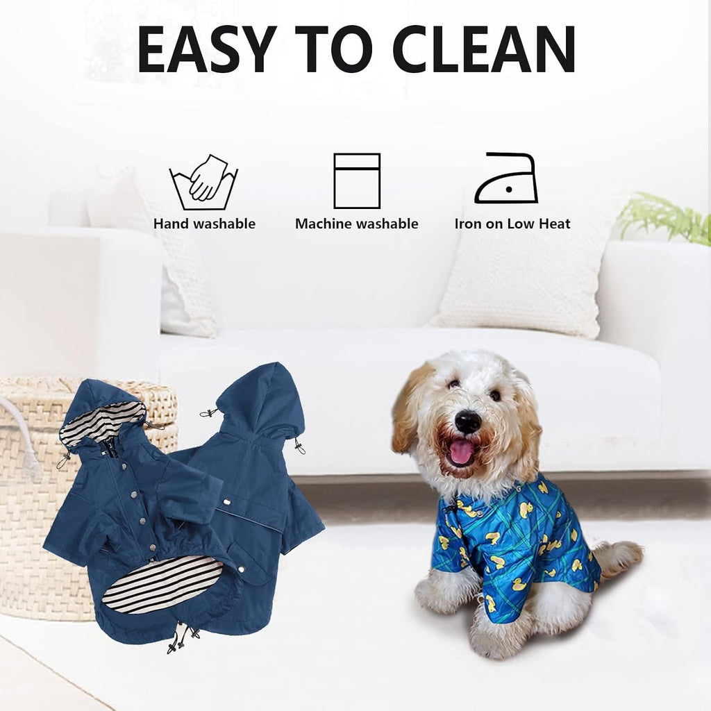 Morezi Dog Zip Up Raincoat with Reflective Buttons, Rain/Water Resistant, Adjustable Drawstring, Removable Hood, Raincoats with Legs 8lbs to 80lbs Available - Dark Blue - Medium