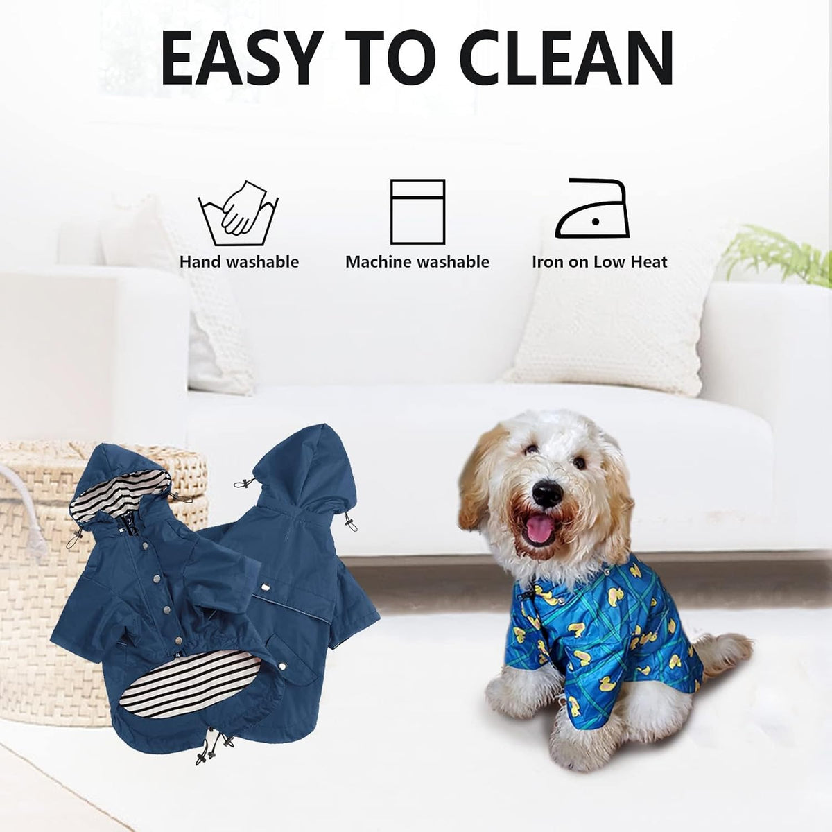 Morezi Dog Zip Up Raincoat with Reflective Buttons, Rain/Water Resistant, Adjustable Drawstring, Removable Hood, Raincoats with Legs 8lbs to 80lbs Available - Dark Blue - Medium