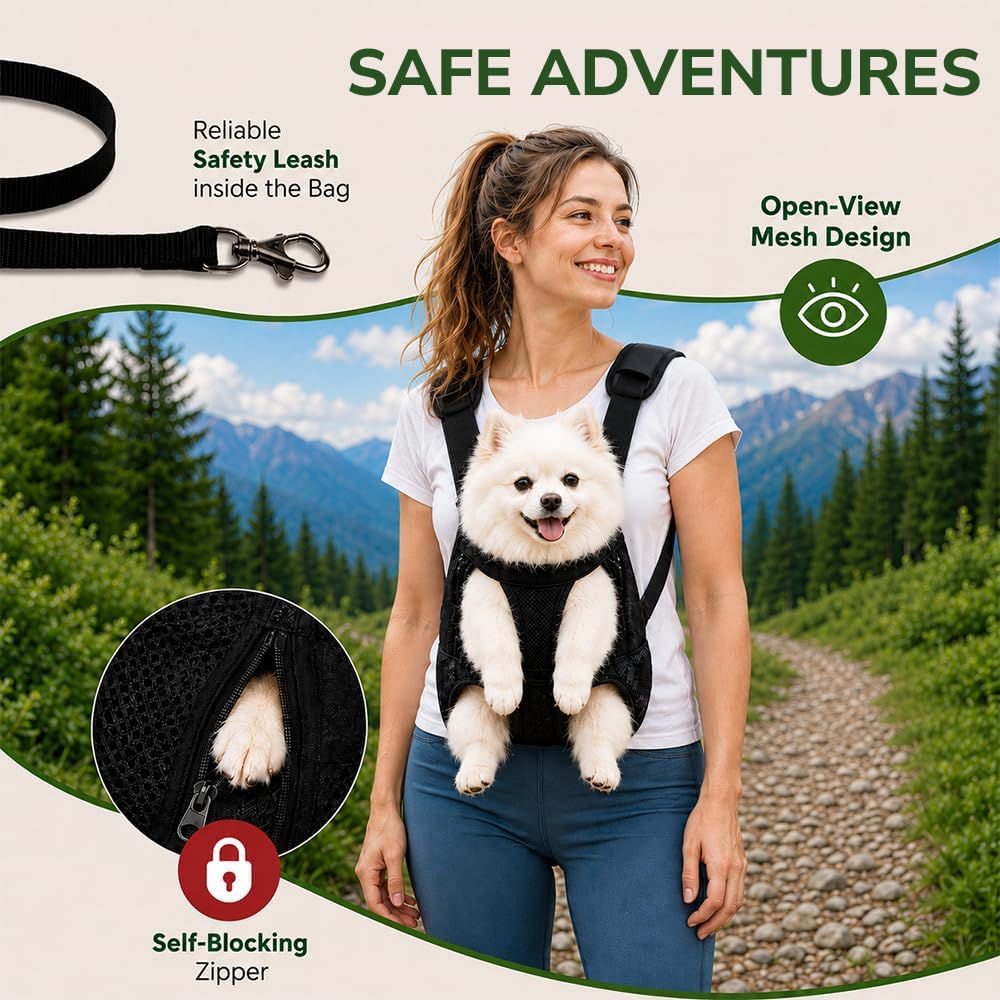 Inspack Dog Backpack Carrier/Cat Carrier, Adjustable Pet Front Carriers Travel Bag for Puppy Medium Dogs, Legs Out, Soft Ventilated Dog Chest Carry Backpacks for Hiking/Camping, 4-7 lbs, Black