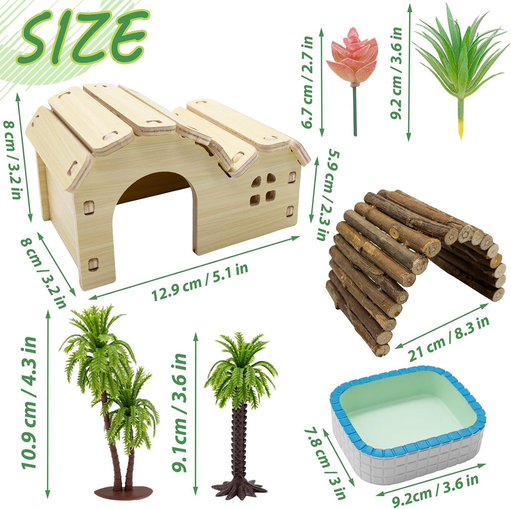 Hermit Crab Kit Hideout Water Pool Tank Decorative Accessories with Palm Tree Decorations Enrichment Toy for Turtles Lizard Frog Gecko Chameleons