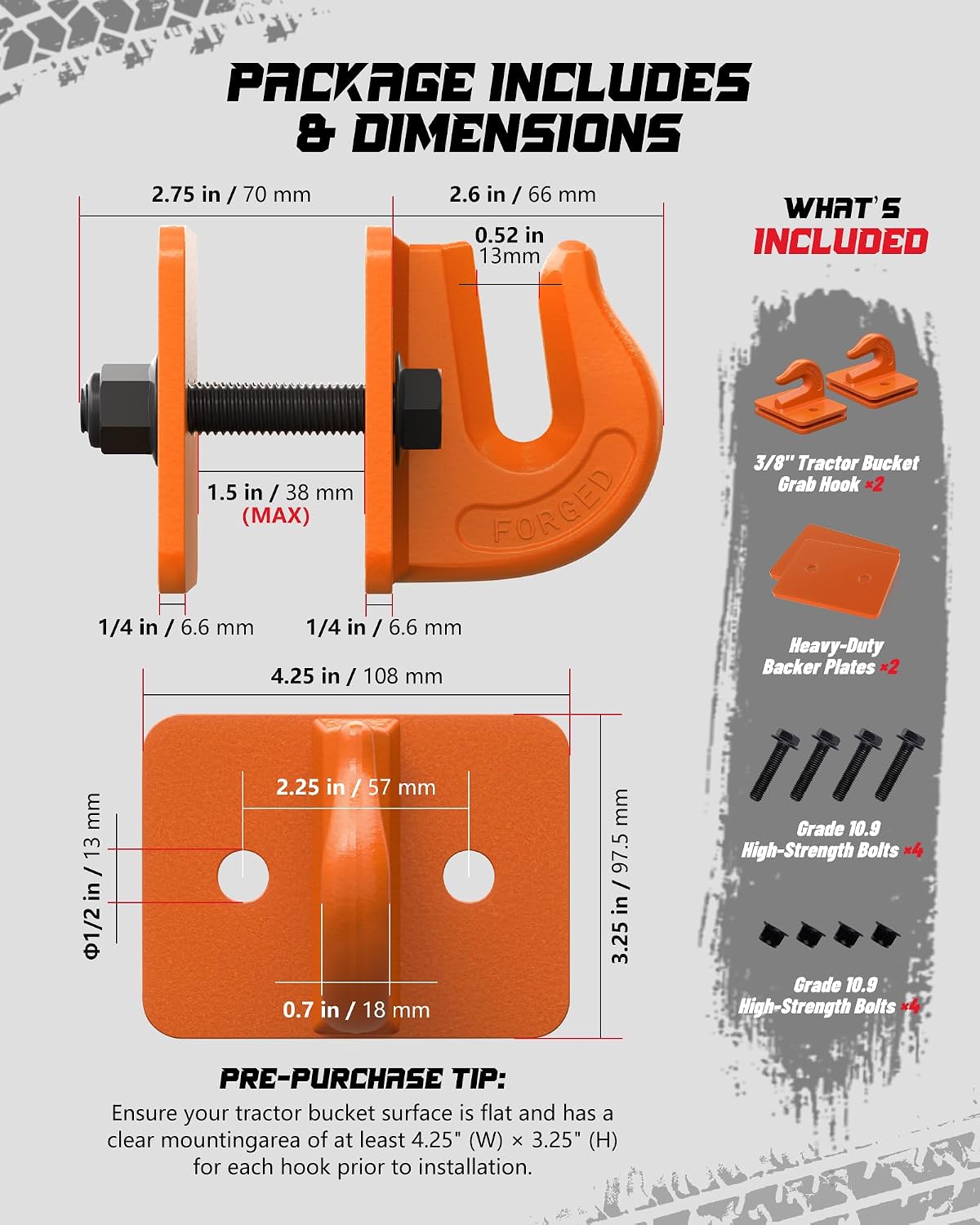 Tractor Bucket Grab Hook Grade 70 Forged Steel Bolt On Grab Hook 3/8" Tow Hook Mount with Backer Plate, Work Well for Tractor Bucket, RV, UTV, Truck, Max 15,000 lbs, 2 Pack, Orange
