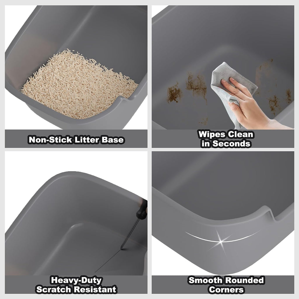 Large Open Cat Litter Box with High Sides, Anti-Splashing for Indoor Cats, Low Entry for Kittens & Elderly Cats, Spacious Litter Pan, Tool-Free Assembly(21.7” * 16.5” * 8.5” Grey)