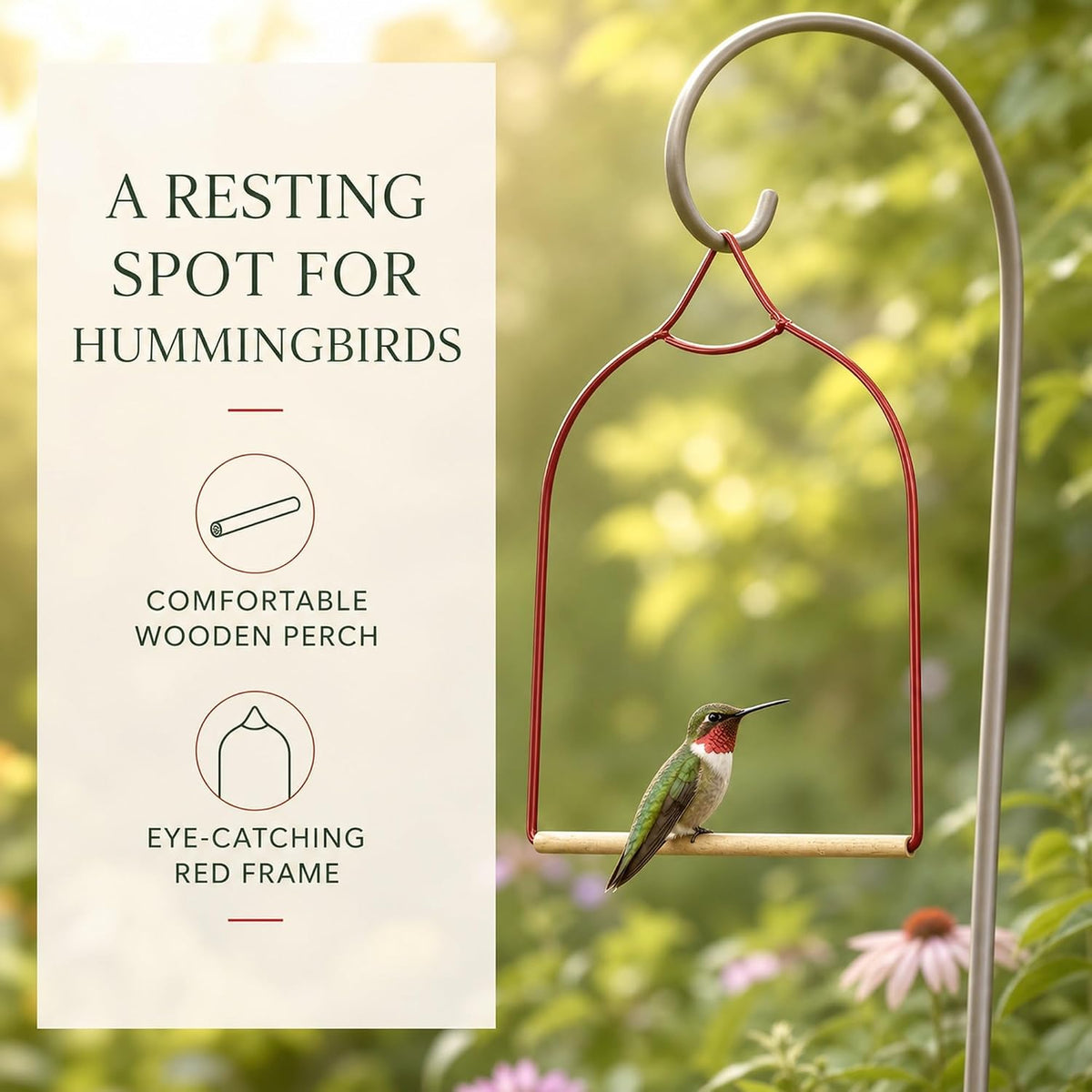 Rust-Proof Hummingbird Swing & Perch for Outdoors, Red Metal & Wood