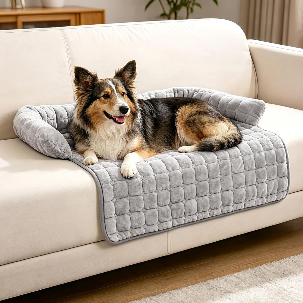 YooxArmor Plush Dog Couch Bed, Washable Removable Pet Sofa Mat with Raised Edge & Non-Slip Bottom, Furniture Protector Bed for Small Medium Dogs Cats
