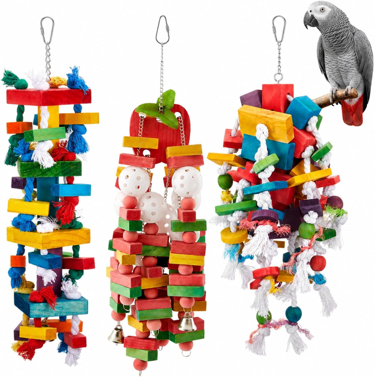 Seenelling 3 Pcs Extra Large Bird Toys for Parrots, Block and Rope