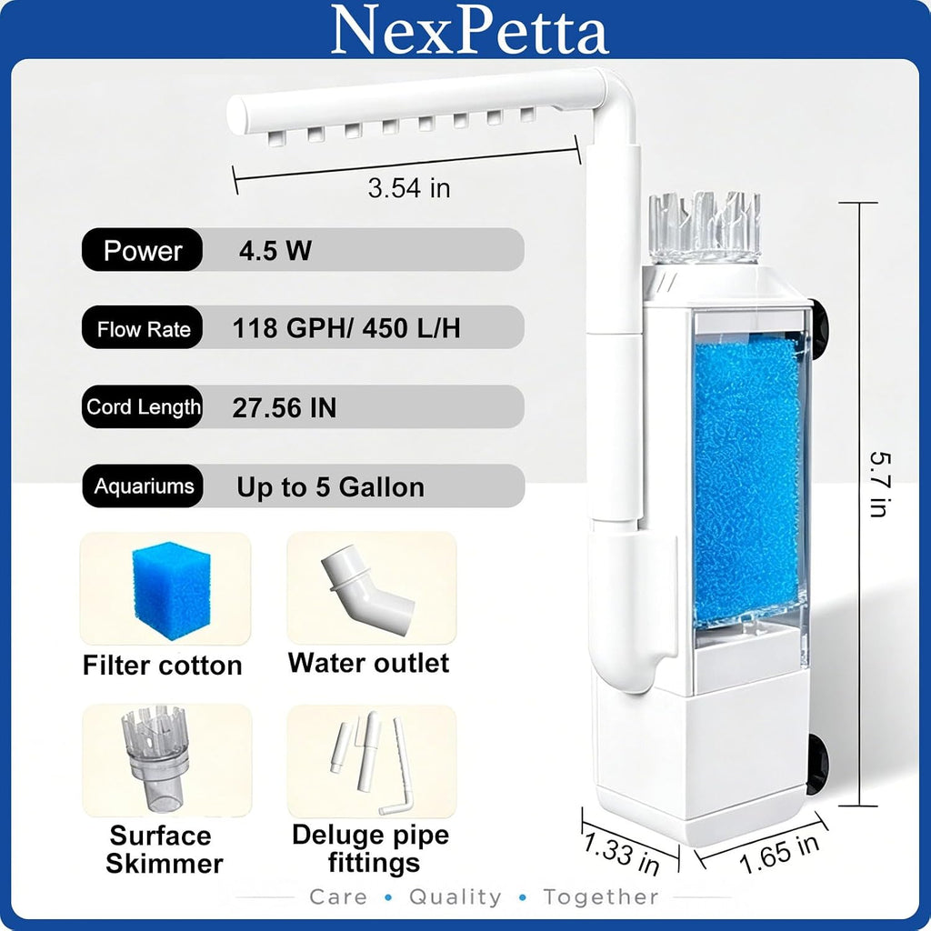 Small Internal Aquarium Filter with Surface Skimmer,USB Power Adapter