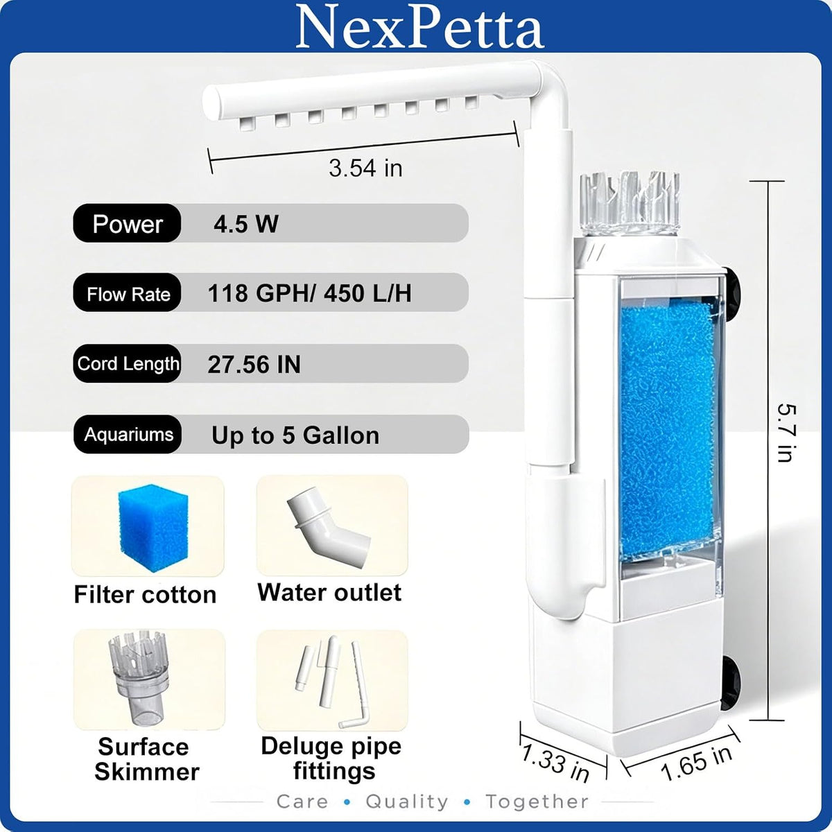 Small Internal Aquarium Filter with Surface Skimmer,USB Power Adapter