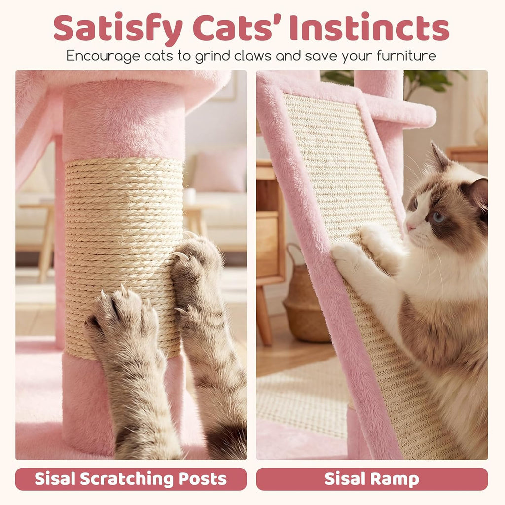 DORTALA Multi-Level Cat Tree, 65" Tall Cat Tower with 3 Plush Perch, 2 Condos, Basket Bed, Sisal Scratching Posts & Board, Hanging Pompoms, Indoor Pet Climbing Furniture (Pink)