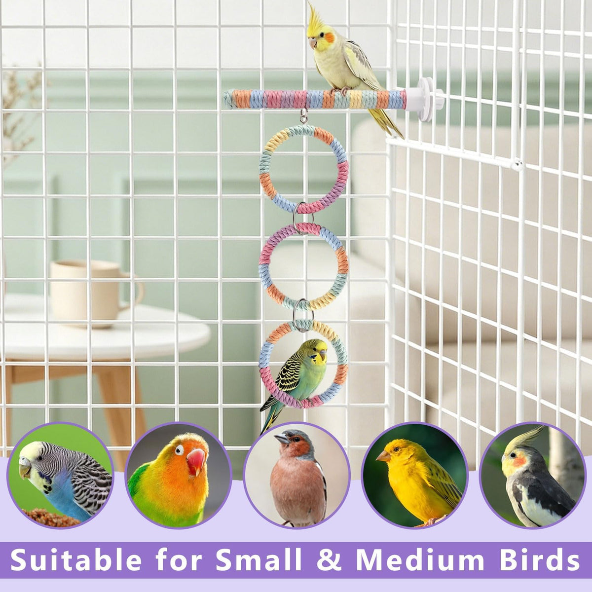 Litewoo 3-Ring Bird Swing Parrot Perch Colorful Cotton Rope Chew Climbe Toy