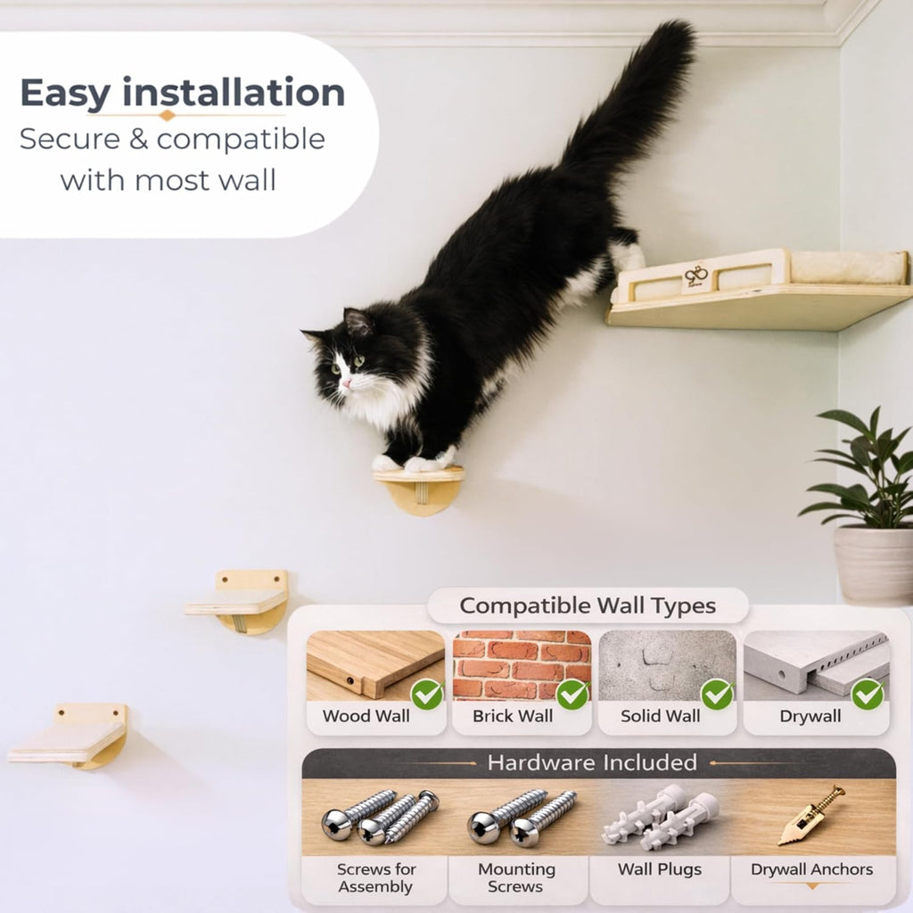 Cat Wall Shelves, Solid Wood Corner Bed, 3 Steps, Up to 25 lb, Wood