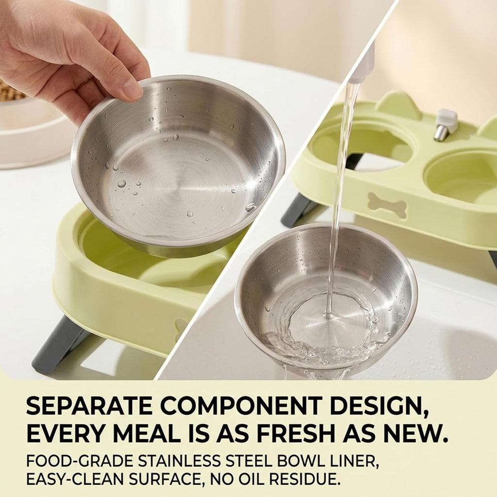 Elevated Cat Bowls with Foldable Stand, Anti Vomiting Raised Cat Food and Water Bowl Set, 2 Stainless Steel Dishes for Cats and Puppies, Splash Proof Non-Slip Neck Protection Pet Feeder (Green)