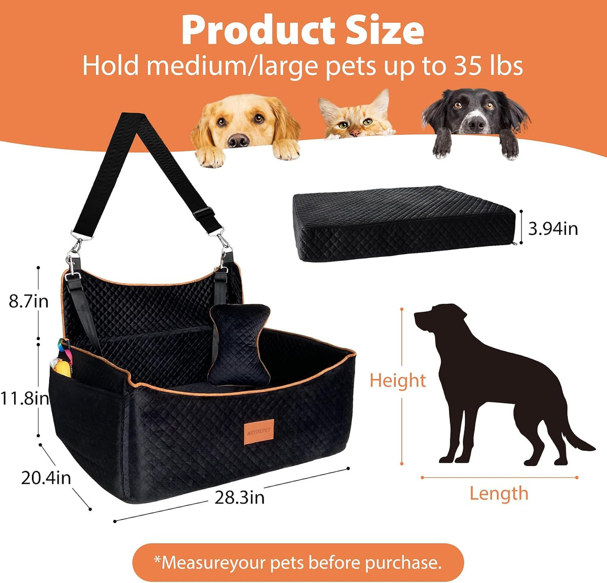 Dog Car Seat for Medium Dogs or 2 Small Dogs, Memory Foam Booster with Bonus Pillow & Removable Washable Cover, 2 Safety Leashes, Anti-Slip Base - Supports 50lbs (Black)