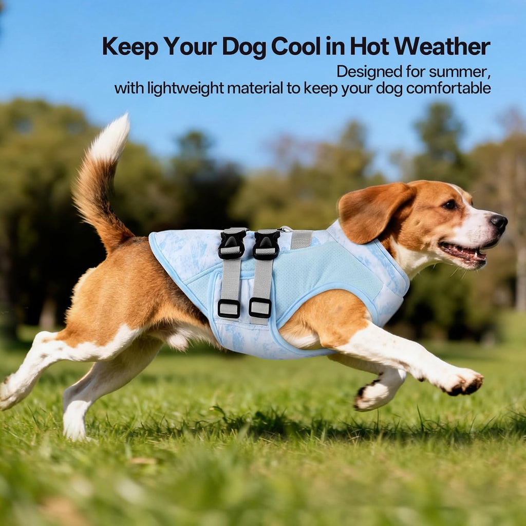 DORA BRIDAL Dog Cooling Vest for Summer, Lightweight Breathable Mesh Cooling Jacket with Harness, Soft Pet Cooler Shirt for Frenchie, UV Protection for Beach Hiking Walking -M, Blue