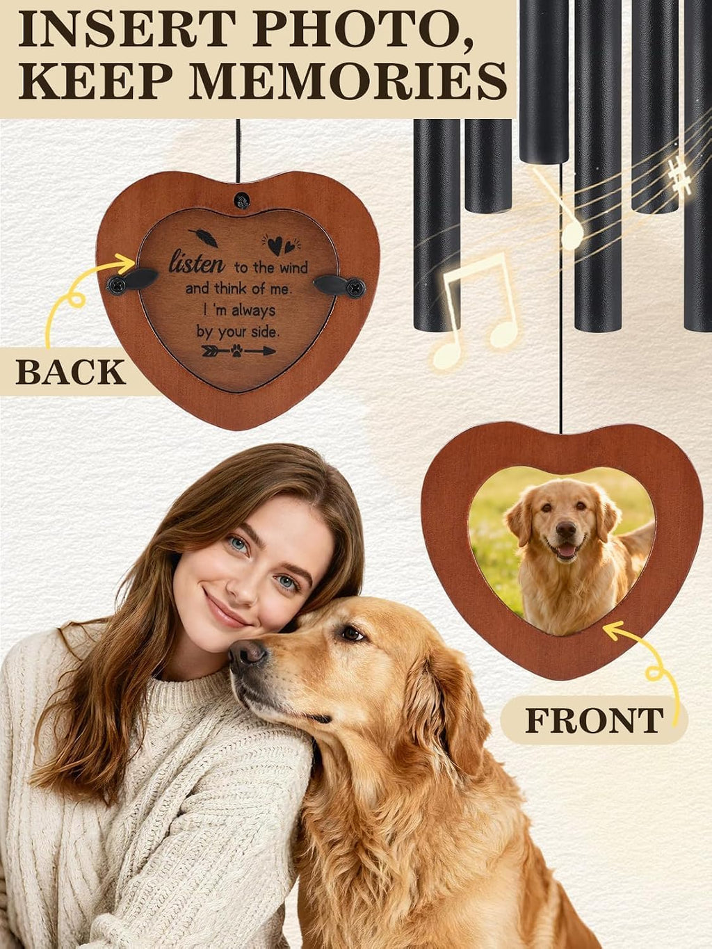 Alphatool Dog Memorial Wind Chimes Gifts with Photo Frame, 32 in
