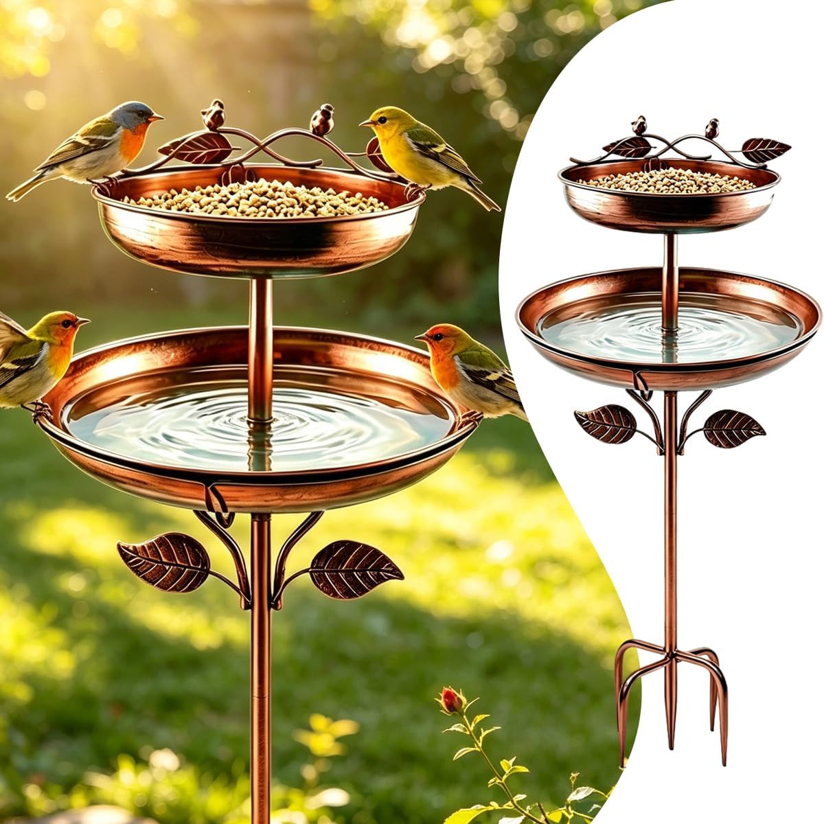 Bird Bath for Outside, 45In Vintage Freestanding Birdbaths for Outdoors, Double Metal Bird Bath Feeder Bowls for Garden Patio Yard Lawn Decor (Bronze)