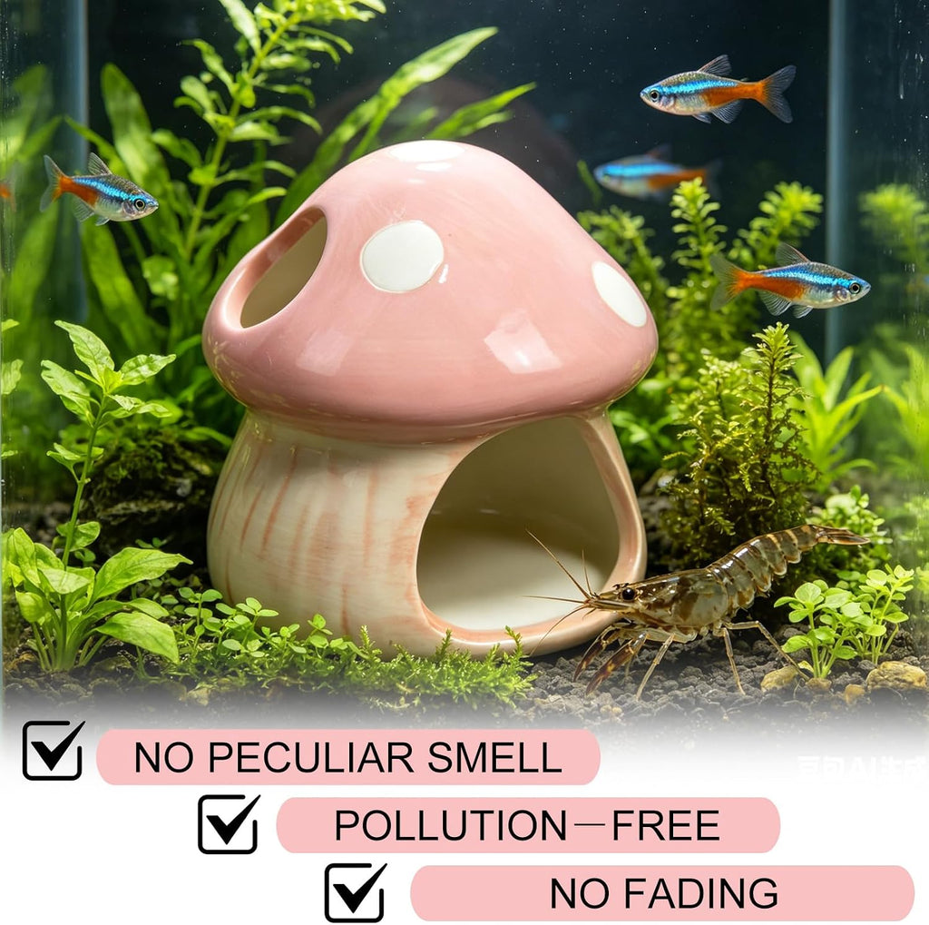 Ceramic Aquarium Mushroom House, Betta Fish Hideout Shrimp Cave, Pink