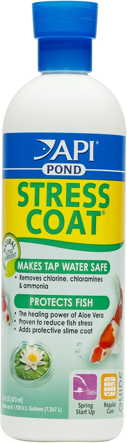 API POND STRESS COAT (64 fl oz) Pond Water Conditioner - Quickly Makes Tap Water Safe for Fish & Plants - Up to 7680 Gallons - Removes Chlorine, Ammonia & More - Natural Aloe Vera