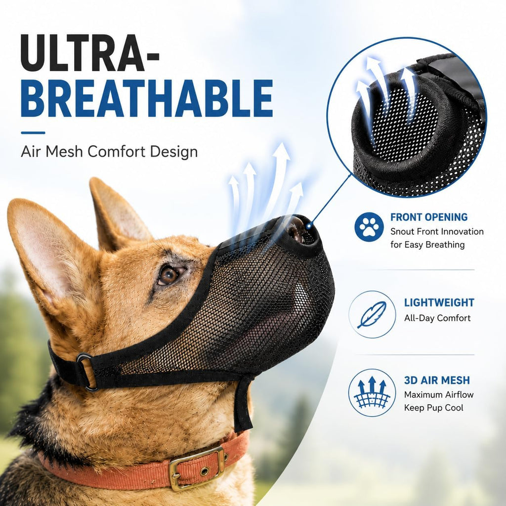 Dog Muzzle, Soft Air Mesh Muzzles for Medium Sized Dogs, Breathable Dog Mussels for Scavenging Biting Licking & Barking, Adjustable Mouth Guard with Front Opening, Allows Panting and Drinking(Black,M)