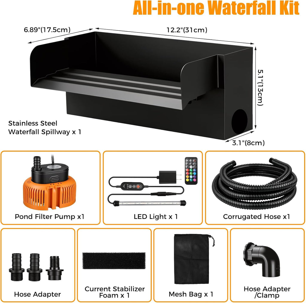 All-in-1 Pond Waterfall Spillway Kit, 12" Stainless Steel
