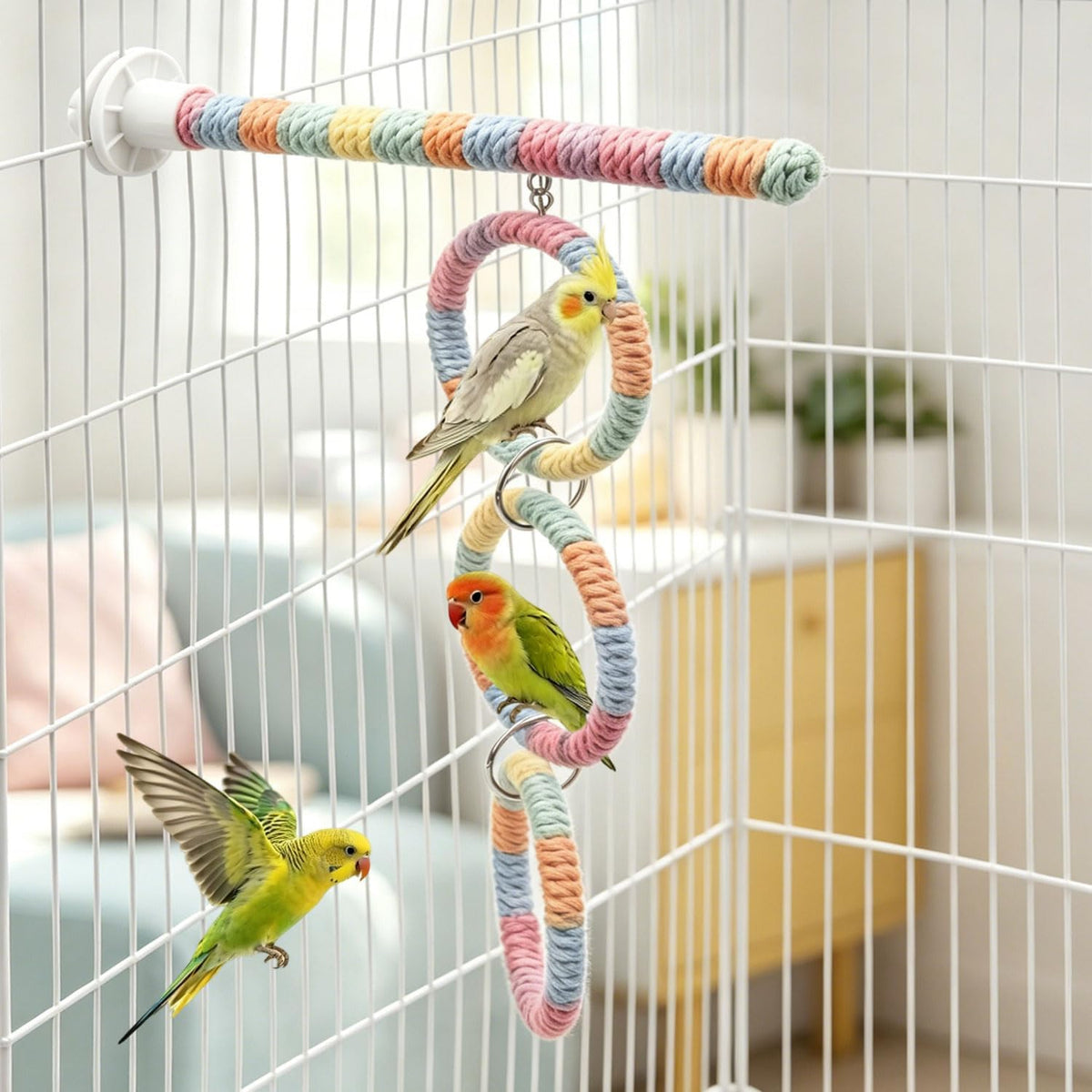 Litewoo 3-Ring Bird Swing Parrot Perch Colorful Cotton Rope Chew Climbe Toy