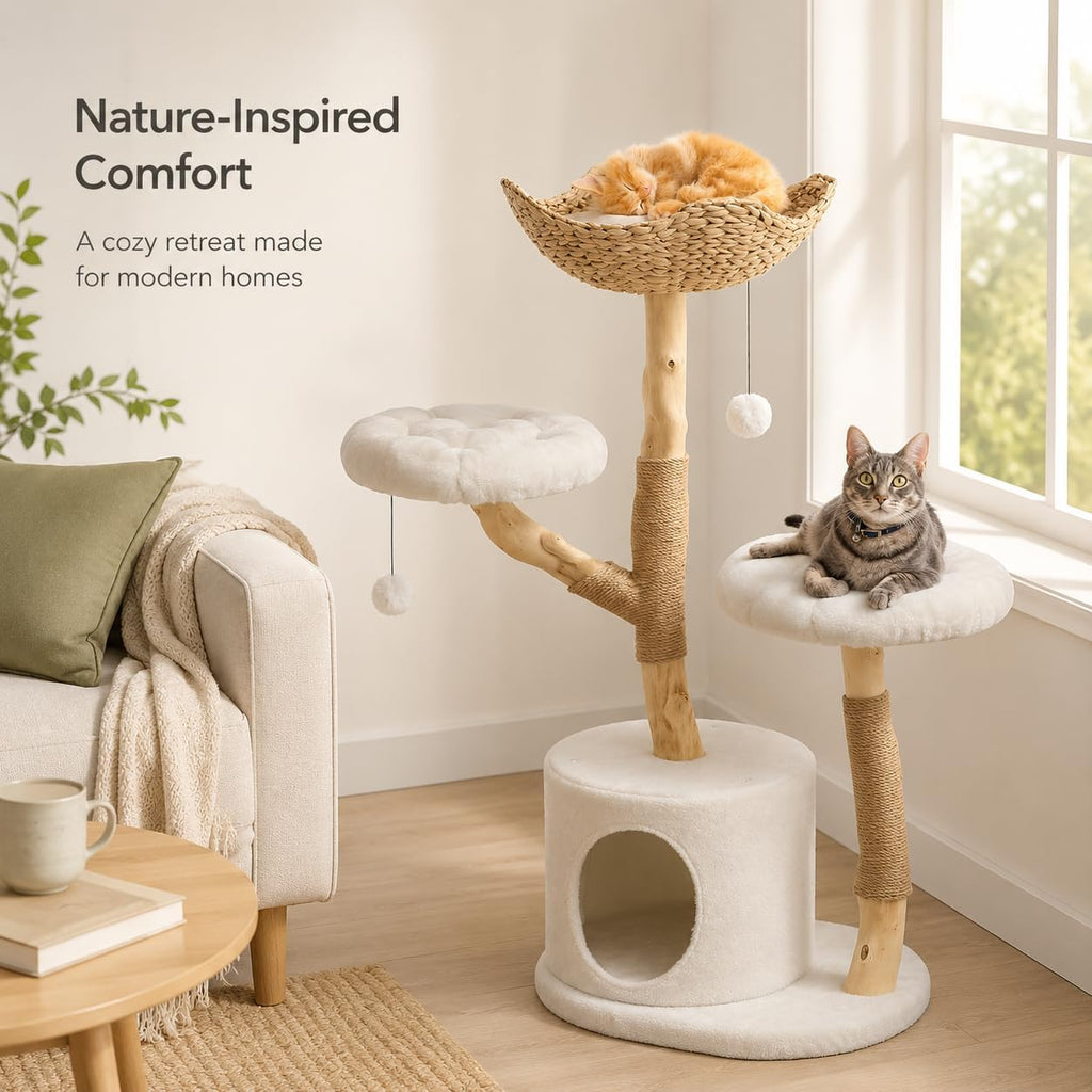 41“ Solid Wood Cat Tree Tower, Modern Cat Tree Aesthetic Multi-Level Flower Perches, Scratching Post, Luxury Boho Cat Furniture Condo & Wicker Basket for Indoor Cats