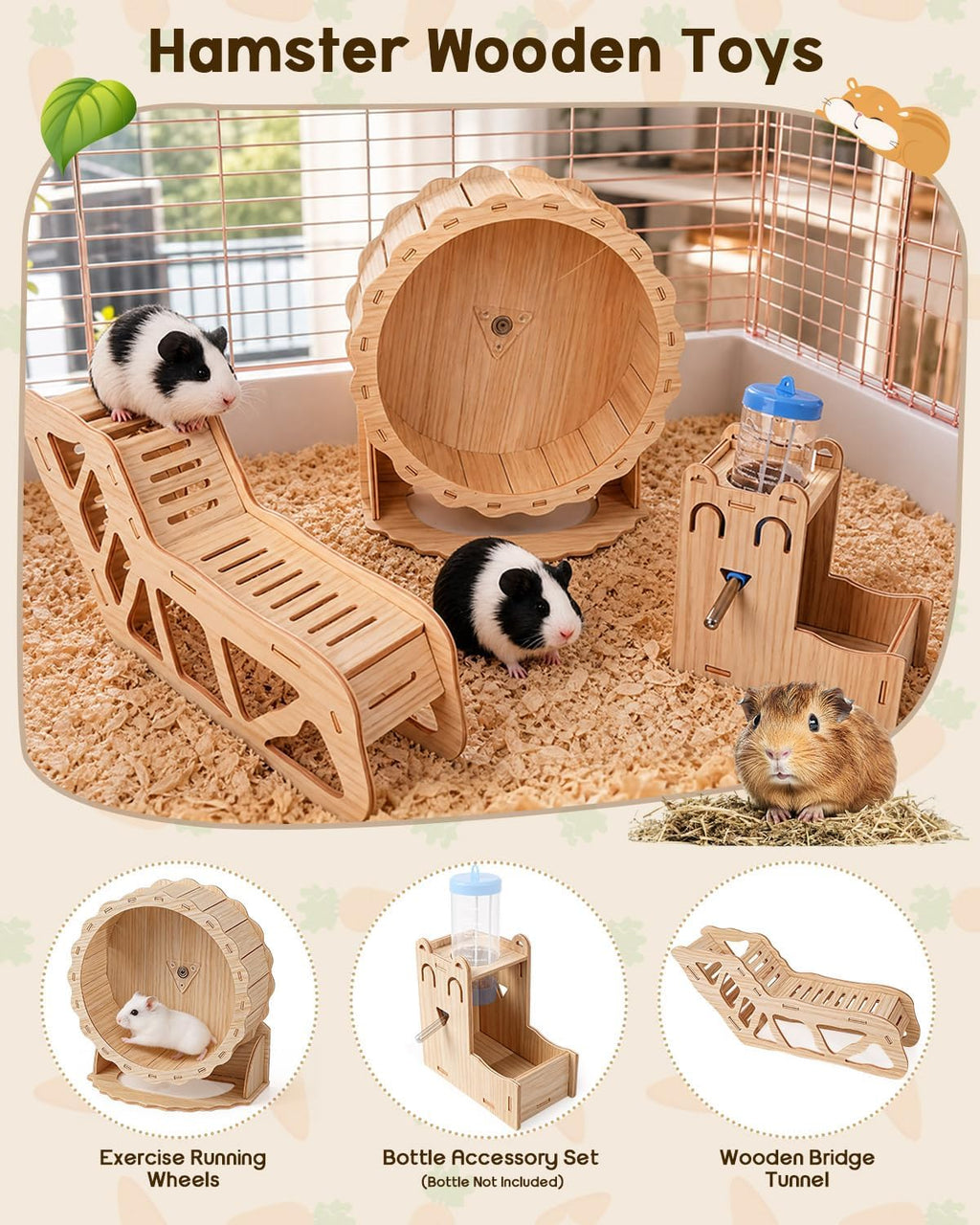 10 Pcs Hamster Cage Accessories Set - Silent Wheel & Wood Maze Habitat Kit