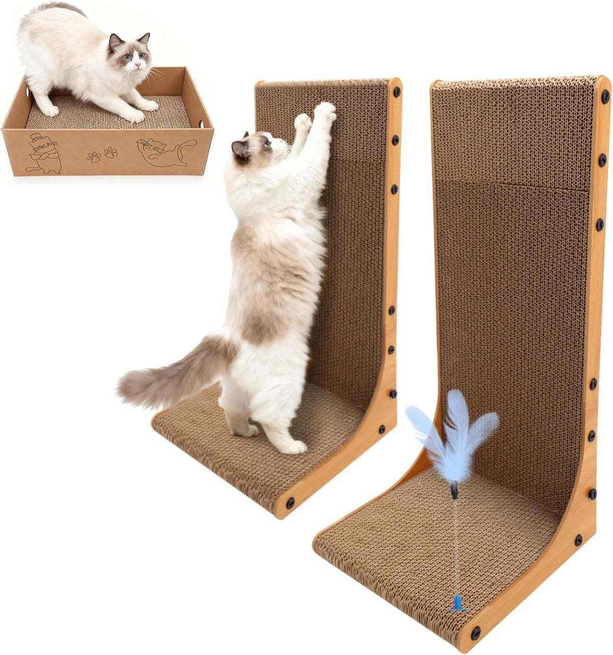 Cat Scratching Post, 3-in1 Cat Scratcher for Indoor Cats, 2PK 22in L-Shaped Scratching Board with 1PK Cardboard Box Scratch Pad, Cats Scratch Furniture Protector with Feathered Toy