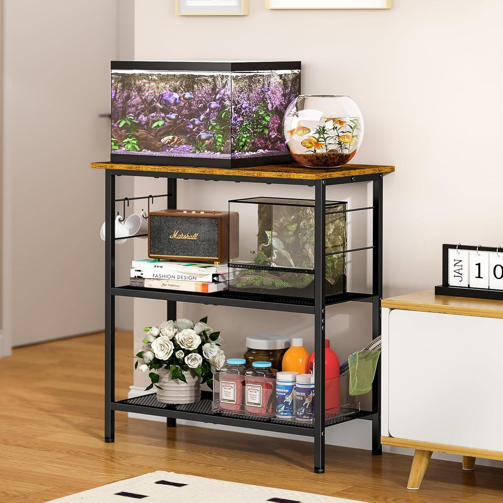 ThreeHio 20 Gallon Fish Tank Stand, 3 Tier Aquarium Stand with Movable Hooks, 28.5" L* 15.74" W Tabletop, Heavy Duty Terrarium Stand with Storage Shelf, Storage Table Shelf Rack Organizer for Kitchen, Living Room, Office, Balcony