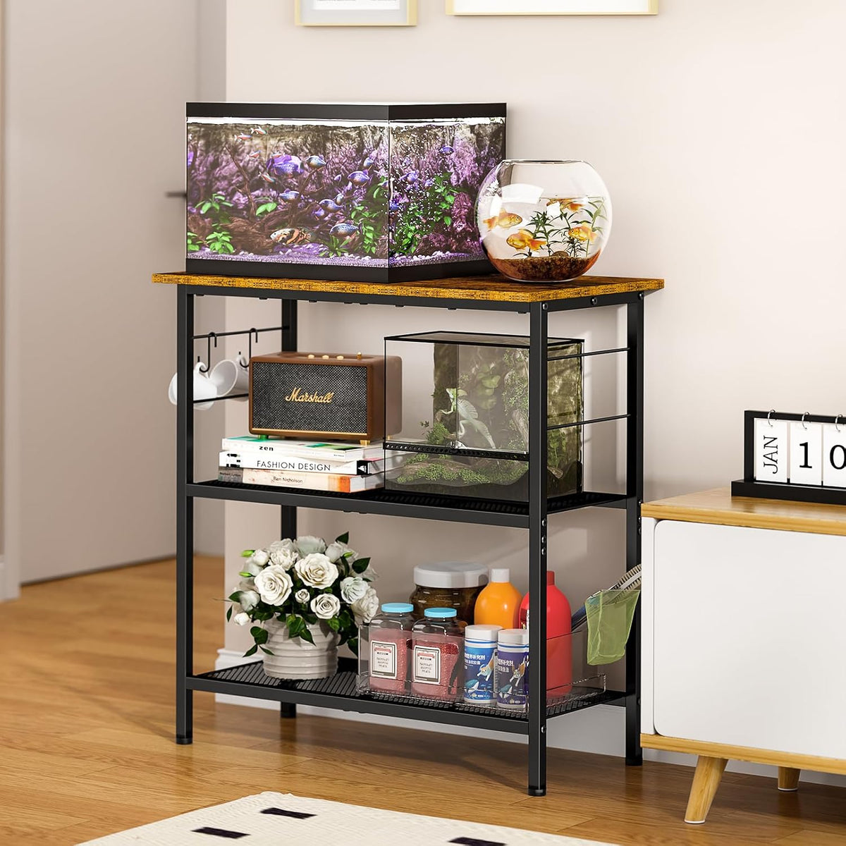 ThreeHio 20 Gallon Fish Tank Stand, 3 Tier Aquarium Stand with Movable Hooks, 28.5" L* 15.74" W Tabletop, Heavy Duty Terrarium Stand with Storage Shelf, Storage Table Shelf Rack Organizer for Kitchen, Living Room, Office, Balcony
