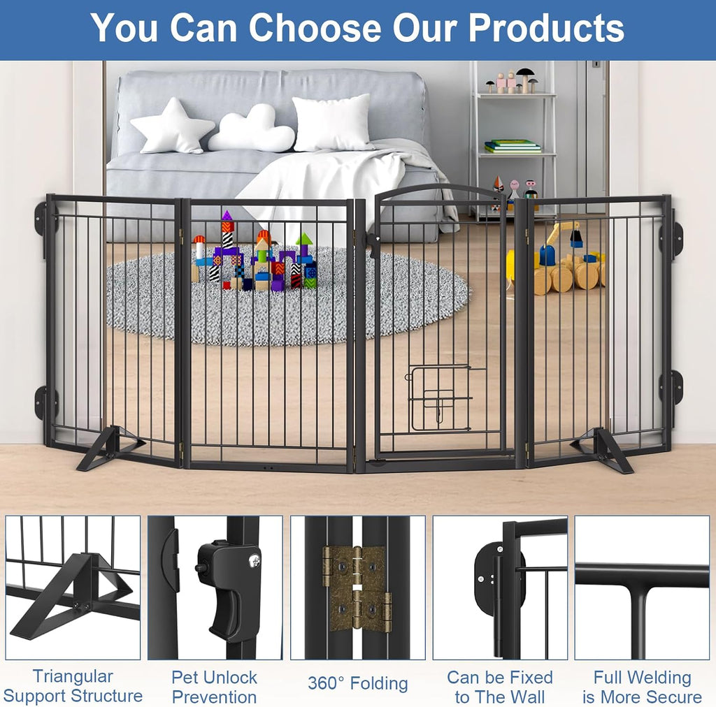 Full Metal Freestanding Dog Gate with Cat Door for Indoor & Outdoor,32" Tall 80" Extra Wide Foldable Dog Fence,Free Standing Pet Gate for Stairs,Porch,Deck,Yard,Doorways(Black)