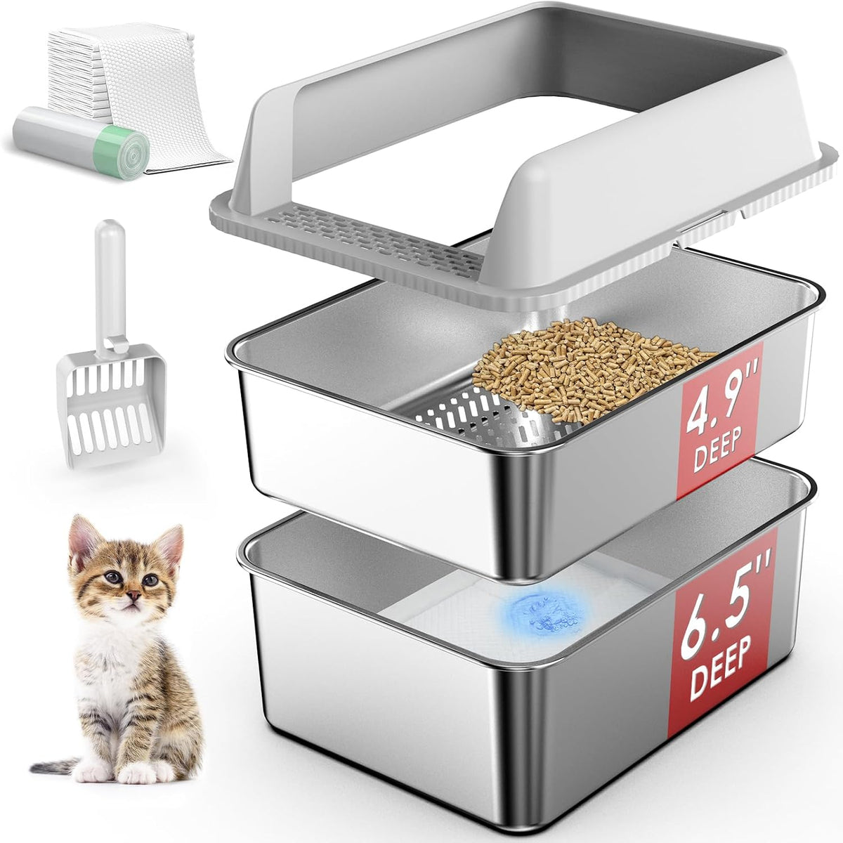 Suzzipaws Enclosed Stainless Steel Sifting Litter Box for Pine Pellets
