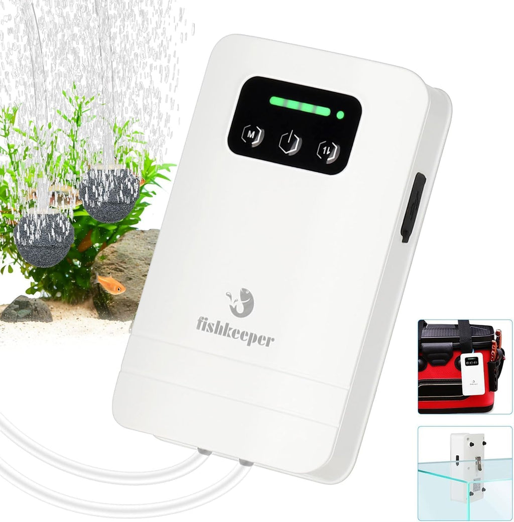 fishkeeper Battery Powered Aquarium Air Pump, USB Rechargeable Aerator Fish Tank Air Pump for 5-125 Gallons Portable Oxygen Pump for Outdoor Fishing, Power Outages and Emergency (4W 80GPH)
