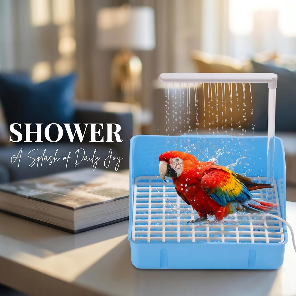 Automatic Bird Bath Shower with Water Spray, Pet Bathtub for Parrots (blue)