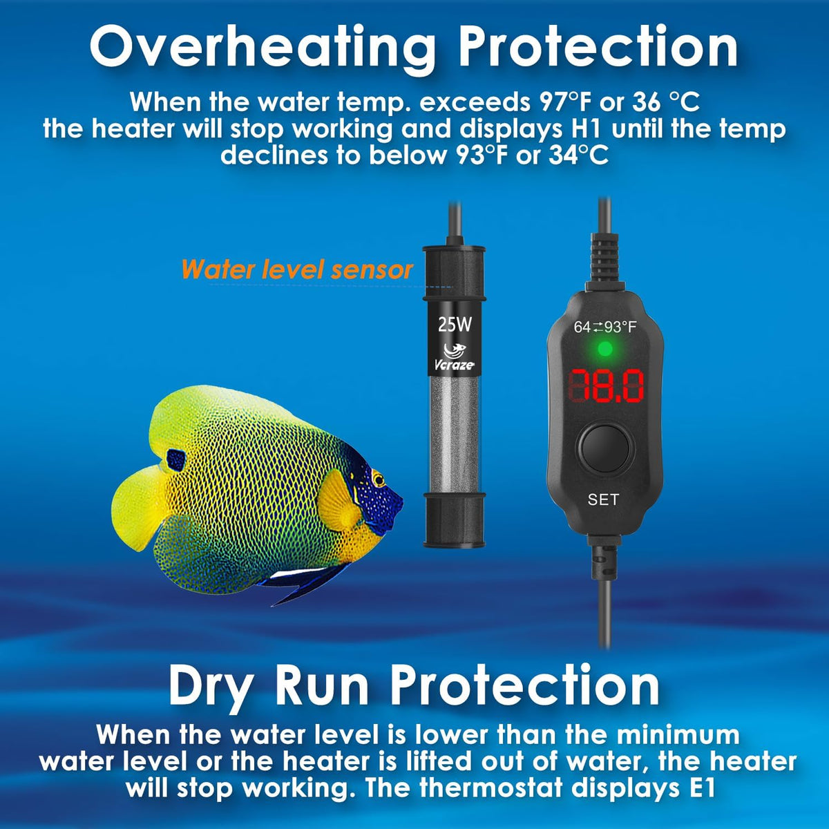25W Compact Adjustable Aquarium Heater with Dry-Run & Overheat Protection