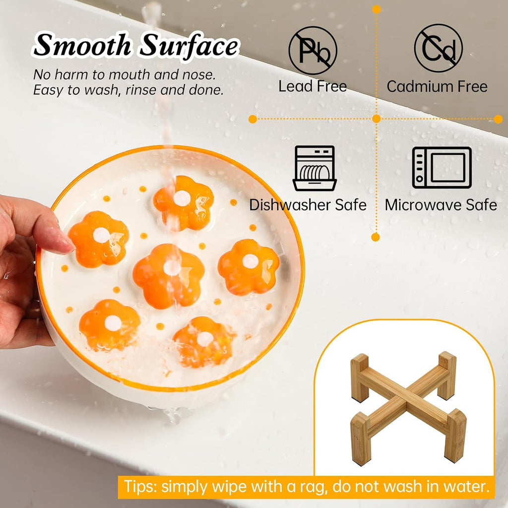 Elevated Ceramic Slow Feeder Cat Bowl with Anti-Slip Bamboo Stand