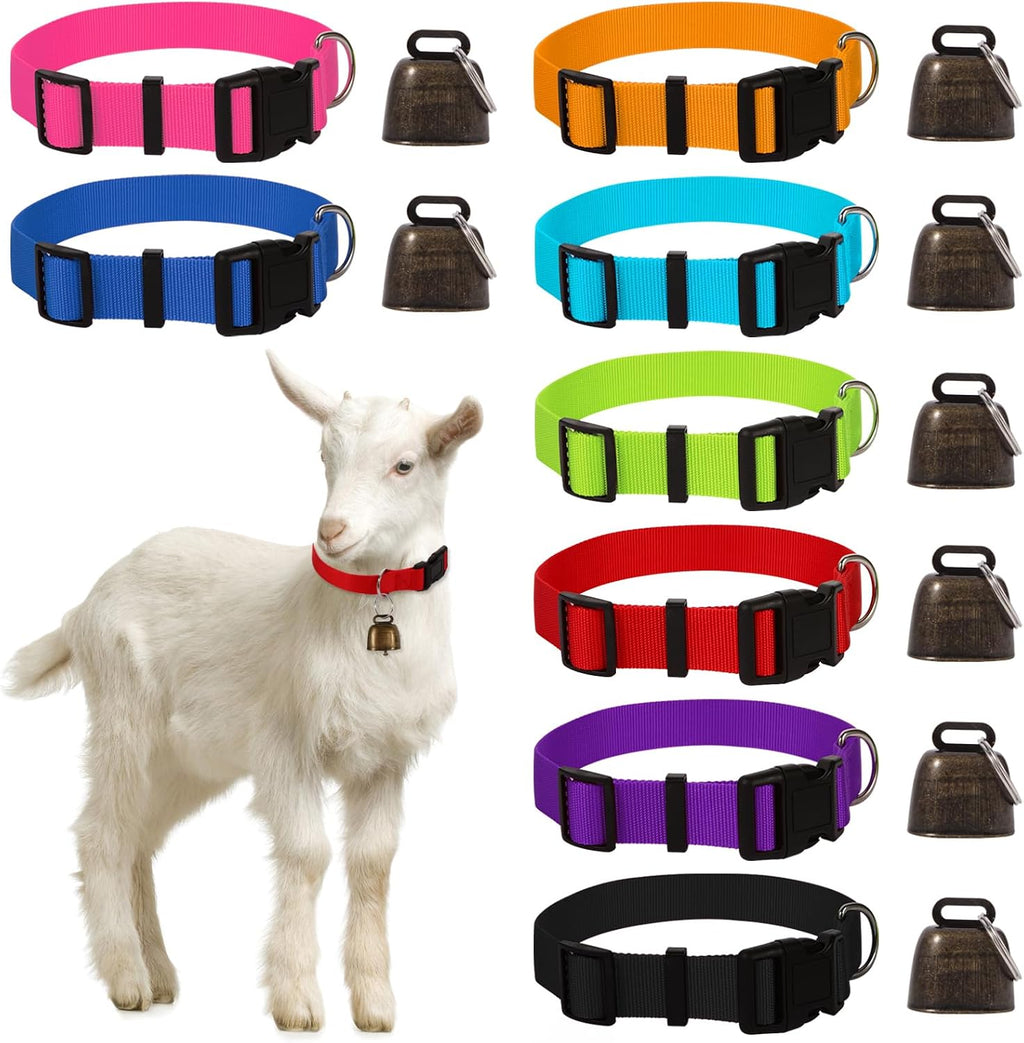 4 Pack Goat Collars with Bell Adjustable Nylon Collar and Grazing Copper Bells Set Farm Animal Anti-Lost with Loud Bronze Bells for Goat Sheep Horse Cow
