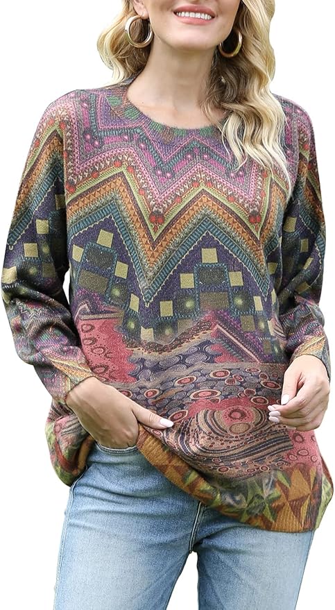 YESNO Women Christmas Sweater Graphic Printed Oversized Pullover Sweaters by YESNO
