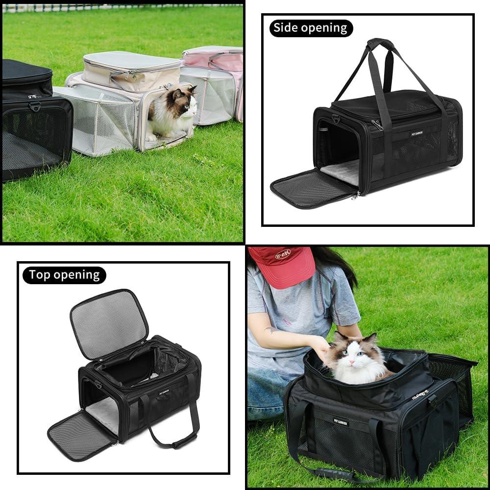 Airline Approved Pet Carrier for Cats and Small Dogs up to 15 lbs, Breathable Mesh, Portable Travel Bag for Bearded Dragon, Puppies Animal Hangbag, Rabbit Cage (Black, Expandable)