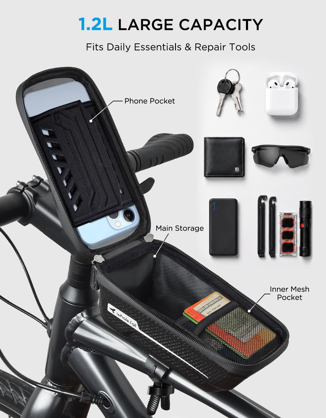 Waterproof Bike Frame Bag, 1S Quick Release Bike Phone Holder