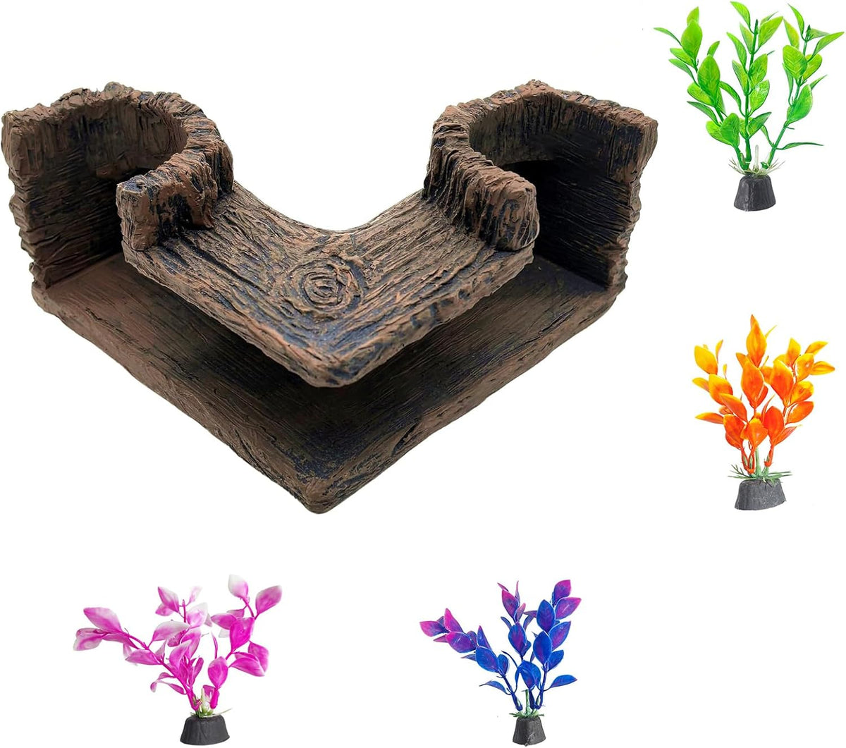 Fish Tank Tree Hole Hideout with 4 Artificial Aquarium Plants
