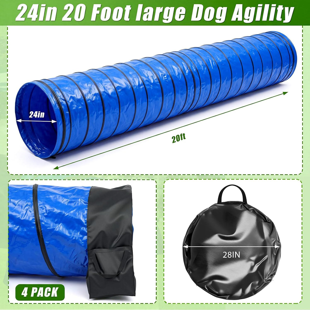 24 in x 20 ft PVC Dog Agility Tunnel with Sandbags Blue