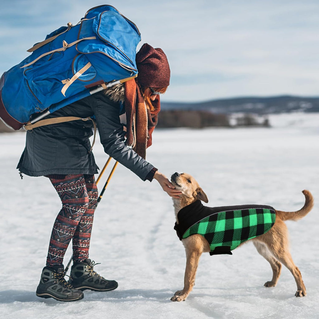 Kuoser Dog Winter Coat, Reversible Waterproof Dog Jacket with Reflective Strip, Warm Dogs Fleece Vest Adjustable Doggy Cold Weather Clothes Plaid Christmas Outfit Pet Apparel for Large Dogs, Green L