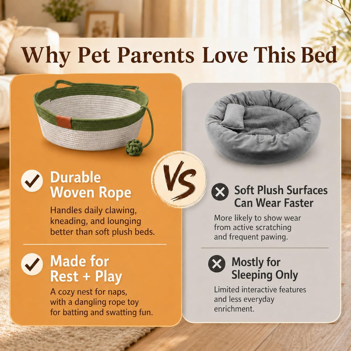 Handwoven Cotton Rope Cat Basket, Scratch-Friendly Cat Bed for Indoor Cats