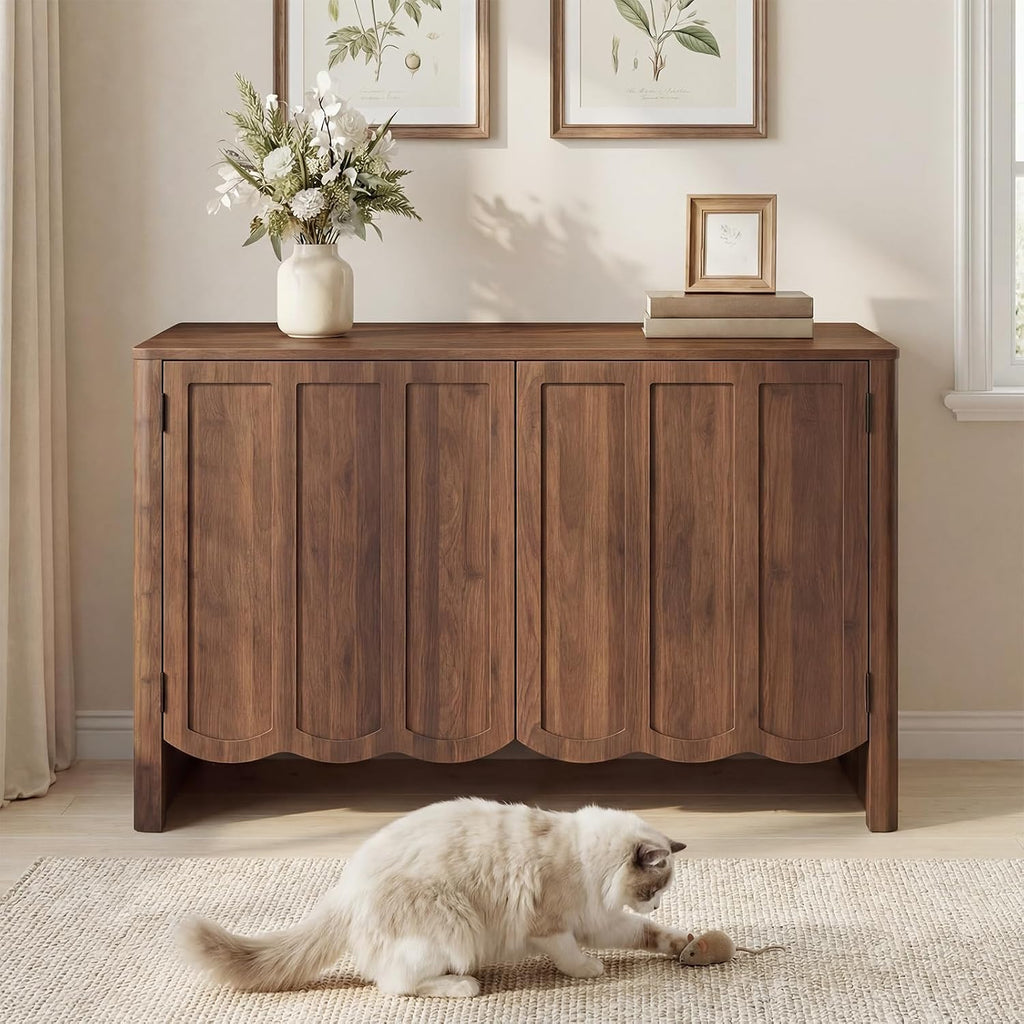 HOOBRO Cat Litter Box Enclosure, 31.5" Hidden Litter Box Furniture with Wavy Panels & Side Entry, Push-to-Open Doors, Litter Box Cabinet, Living Room End Side Table, Walnut WL27MW01