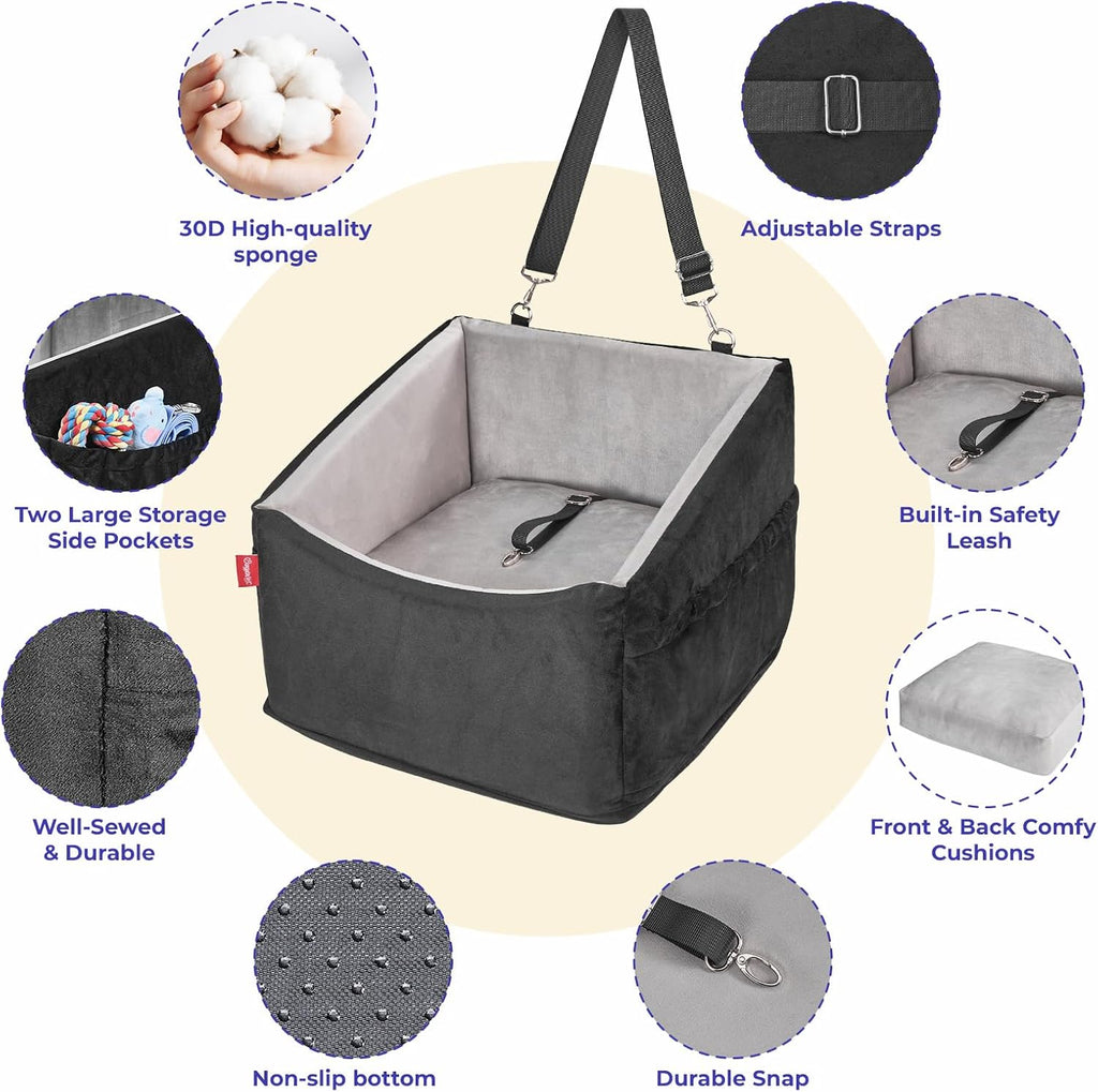 BurgeonNest Small Dog Car Seat for Dogs Up to 25 lbs (Black Grey)
